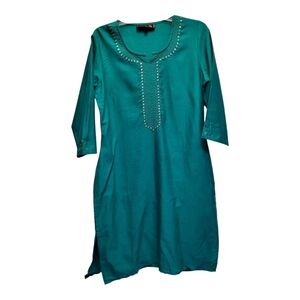 MeYo Elegant Teal Women's Tunic with Beaded Neckline and Sleeves - Size M